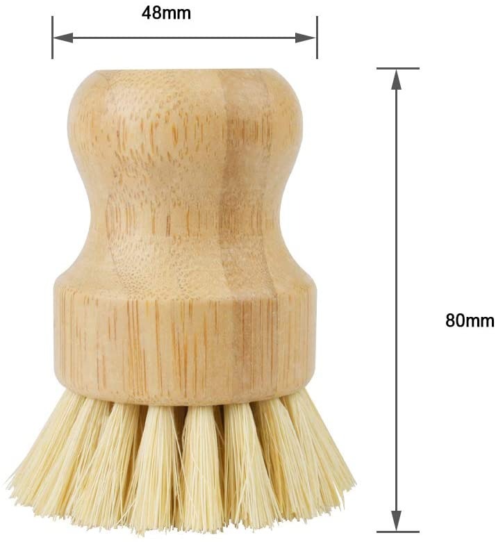 Image for a small bamboo bowl brush with marked dimensions as 1.8 inch in head diameter and 3.14 inch tall.