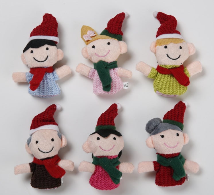Image for 6 different puppets in different colors of bodies, neck ties and all in red hats.
