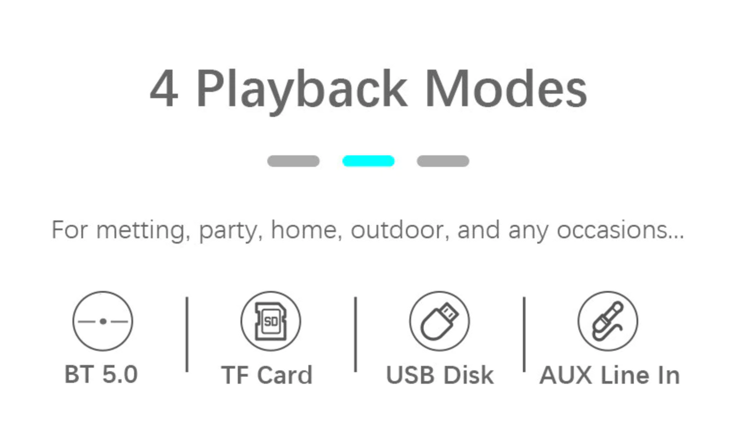 Image for list of music playback modes for the solar powered outdoor bluetooth speaker. It can play music from smart phone via bluetooth SD card, USB disk and AUX cable.