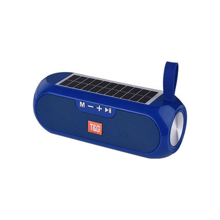 Image for solar powered waterproof outdoor bluetooth speaker in blue color. It has a silicone strap for carrying it around.