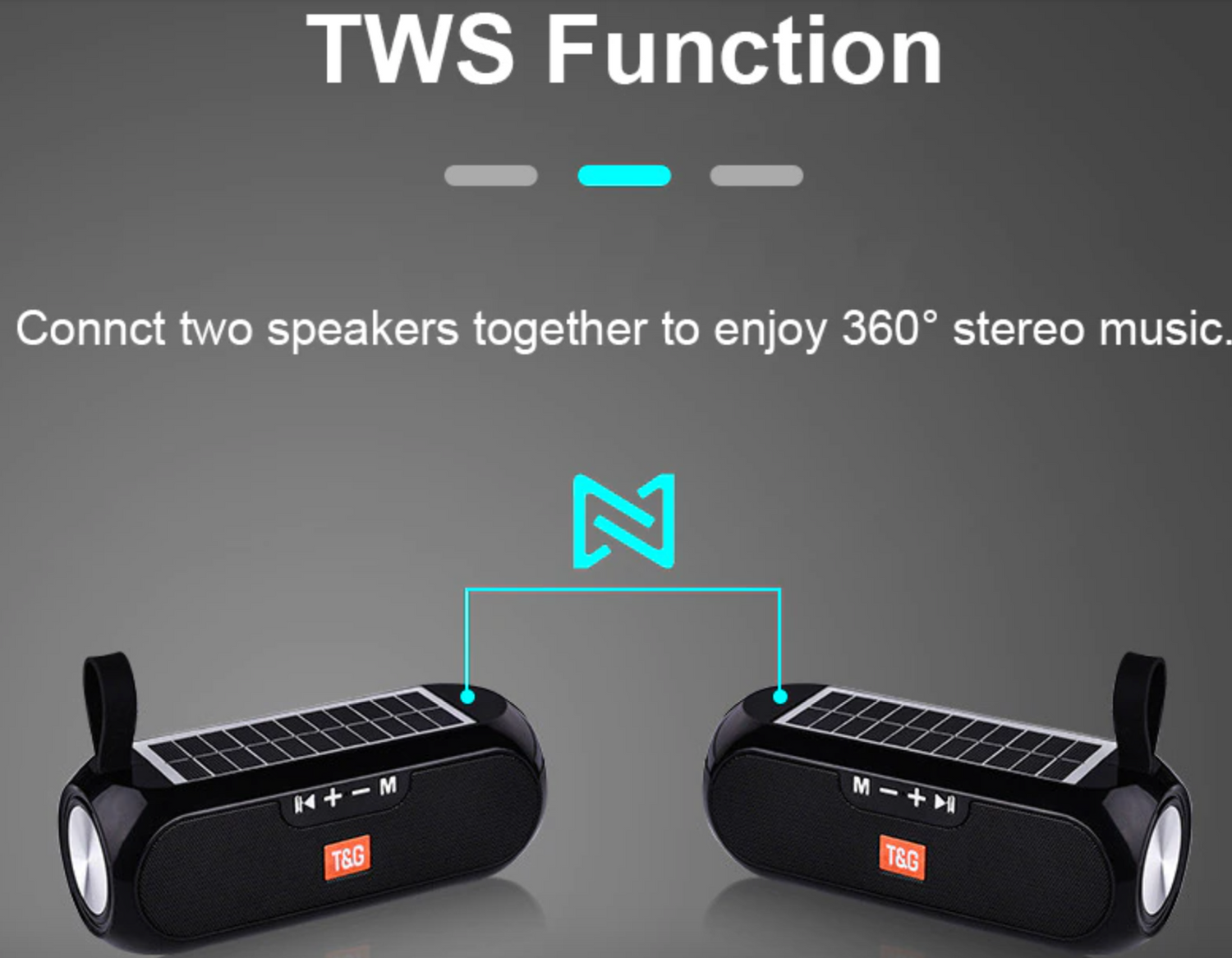 Image for two solar powered waterproof outdoor bluetooth speakers placed next to each other to show the TWS function which means they can be paired together for a better and combined stereo sound.