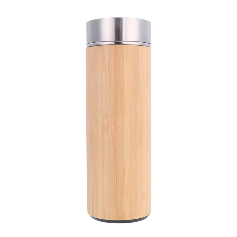 Image for stainless steel and bamboo thermos flask placed upright. The lid is placed on it.