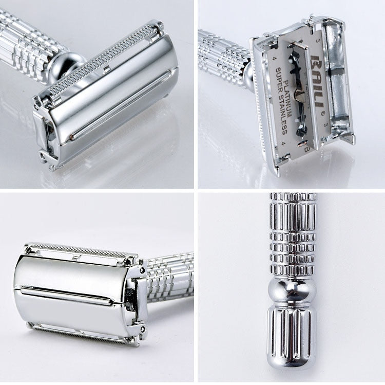 Image for reusable stainless steel safety razor for men showing its various parts. The blade holder head in closed shape, in open state and the rotating handle that is used to open the blade holder for blade replacement.