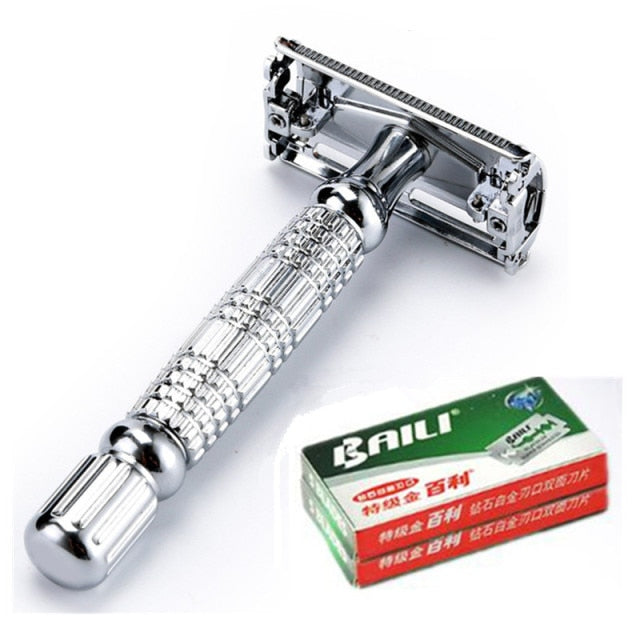 Image for reusable stainless steel safety razor for men placed along with a pack of replacement blades.