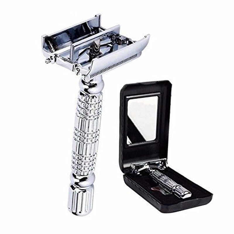 Image for reusable stainless steel safety razor for men. The blade holder is opened towards the top in butterfly style. A black storage case is also shown in the picture.