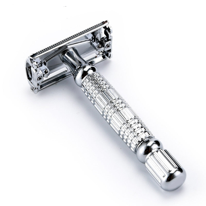 Image for reusable stainless steel safety razor for men showing the complete rotating handle and the bottom side of blade holder head.