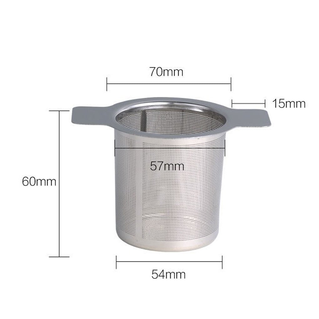 Image for stainless steel loose leaf tea infuser with marked dimensions as 57mm diameter, 60mm tall and 15mm wide handles.
