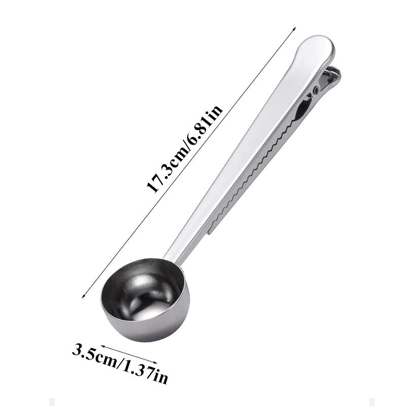 Image for silver color two-in-one stainless steel spoon and sealer with marked dimensions as 6.8 inch long and with 1.37 inch diameter of the measuring spoon.
